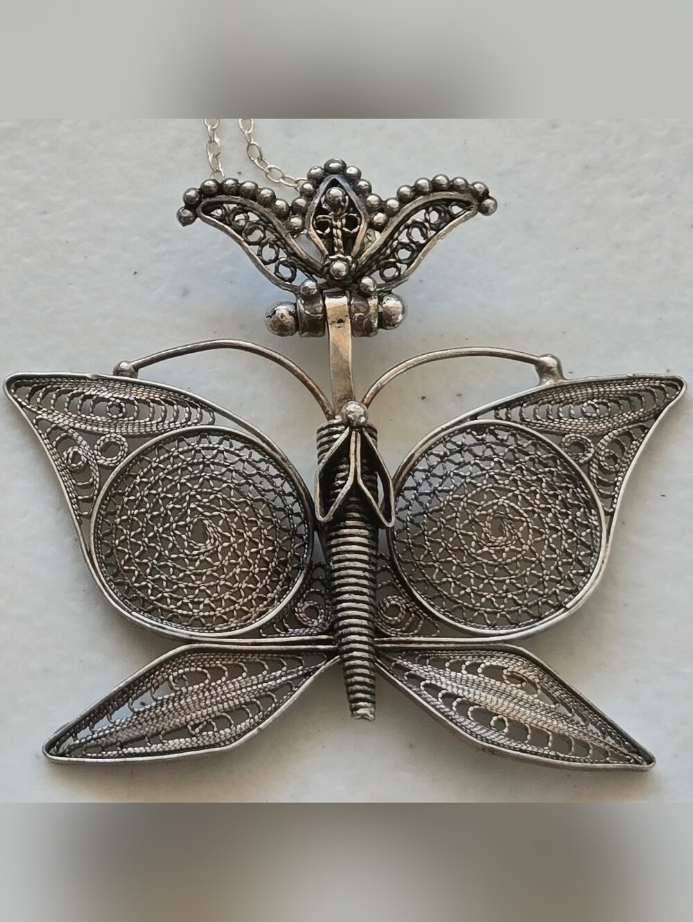Vintage Turkish 925 S. Silver Filigree Butterfly Necklace Statement Pendant - Picture 1 of 5